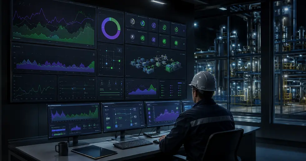 Illustration of industrial energy monitoring screens