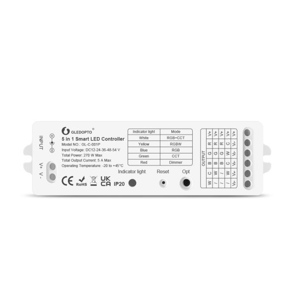 Gledopto GL-C-001P, Pro 5-in-1-ben LED vezérlés, 12V-54V DC (Zigbee+2.4GHz RF)
