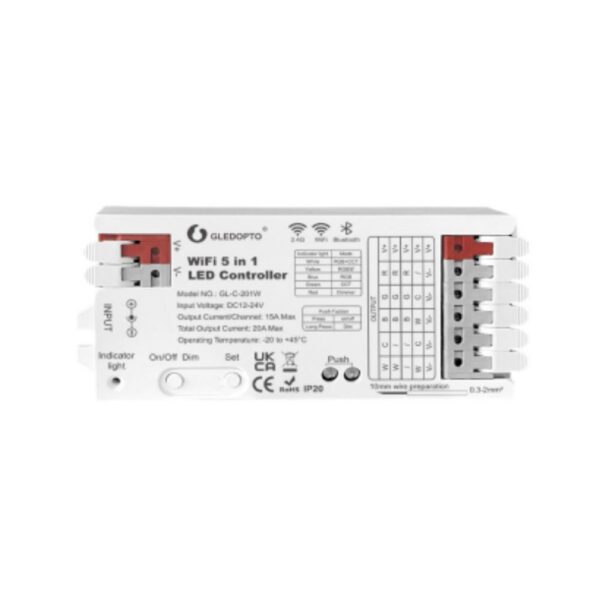 GL-C-201W-1720693077754 Gledopto GL-C-201W Tuya Wi-Fi 5-az-1-ben okos RGBCCT LED vezérlő (12V-24V DC)