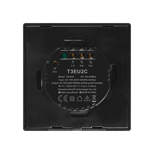 Sonoff TX T3EU2C WiFi+RF, érintős 2 gombos csillárkapcsoló (fekete)