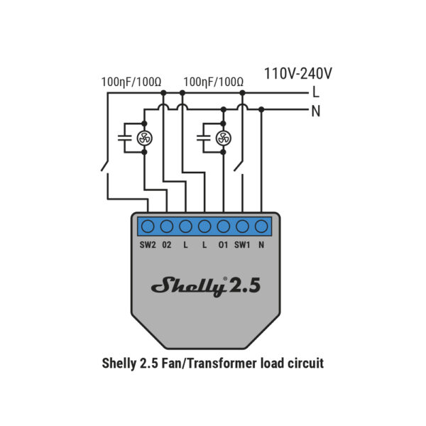 Shelly2,5_AC_wiring__FAN Shelly RC snubber zavarszűrő