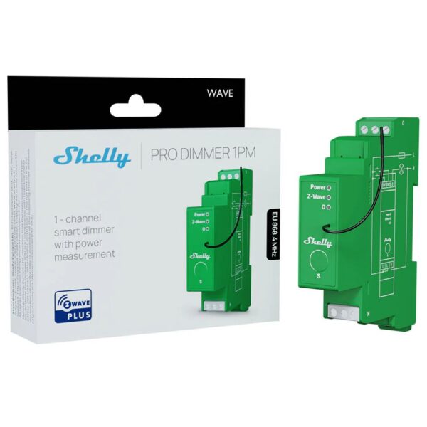 Shelly Wave Pro Dimmer 1PM, egy áramkörös, fogyasztásmérős fényerőszabályozó modul, Z-Wave