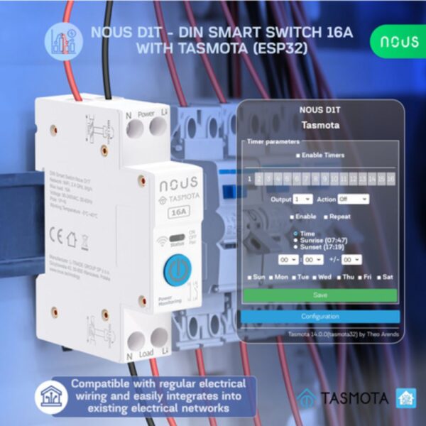 Nous D1T DIN-sín kompatibilis Wi-Fi-s relémodul, Tasmota firmware, Matter kompatibilis, 16A