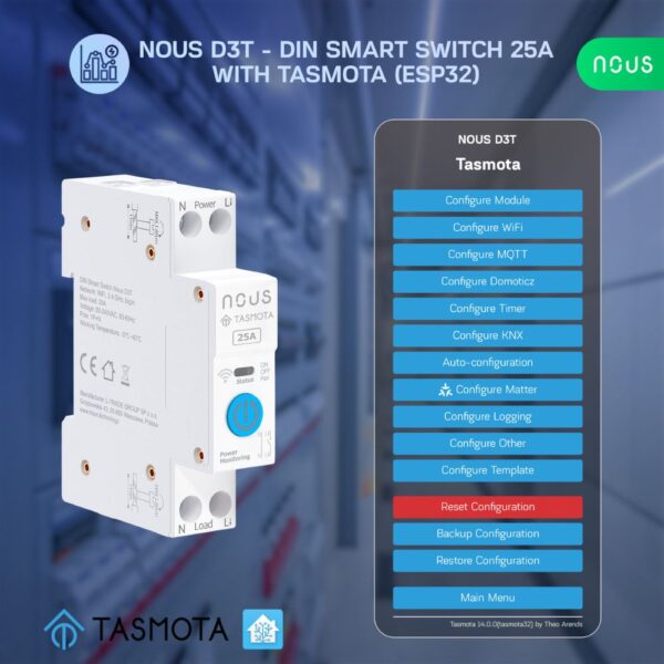 Nous D3T DIN-sín kompatibilis Wi-Fi-s relémodul, Tasmota firmware, Matter kompatibilis, 25A